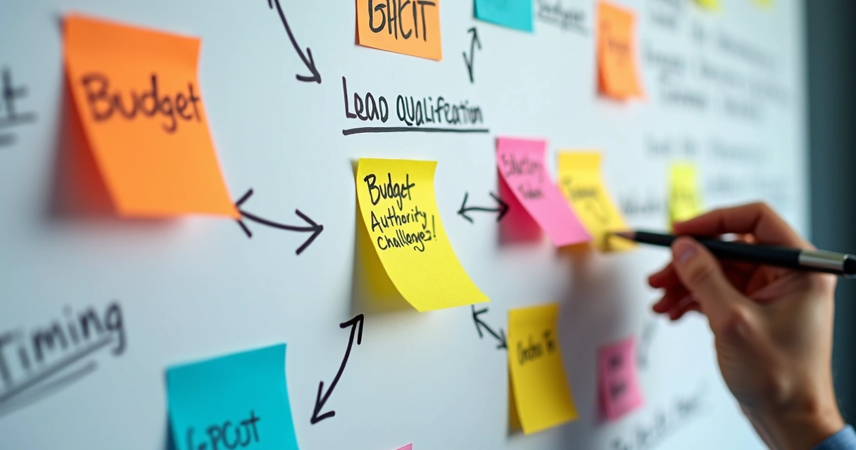 Quadro ilustrando BANT e GPCT com post-its coloridos e setas 