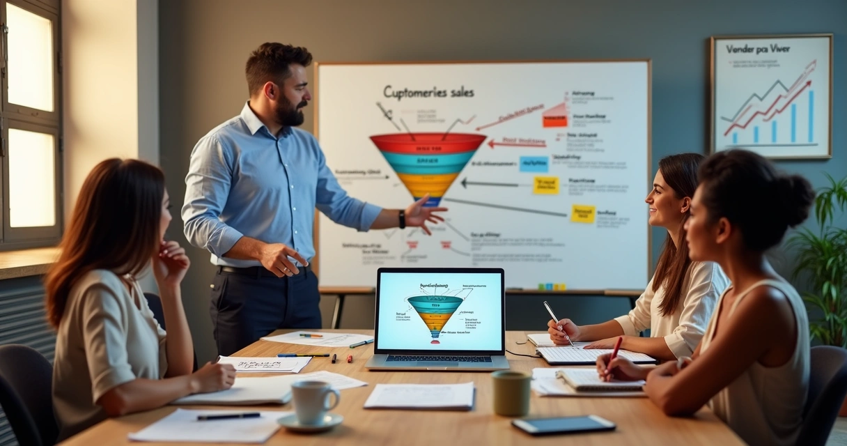 Vendedor mostrando funil de vendas em tela para pequenos empreendedores 