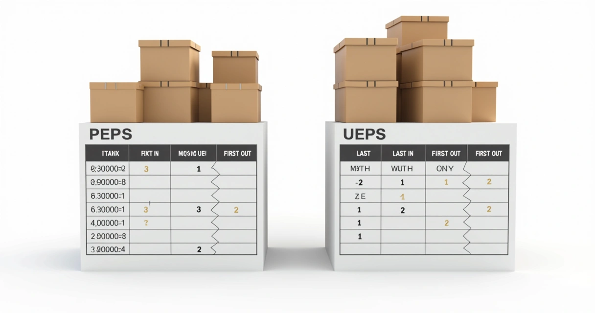 Tabelas PEPS e UEPS lado a lado com caixas representando entrada e saída. 