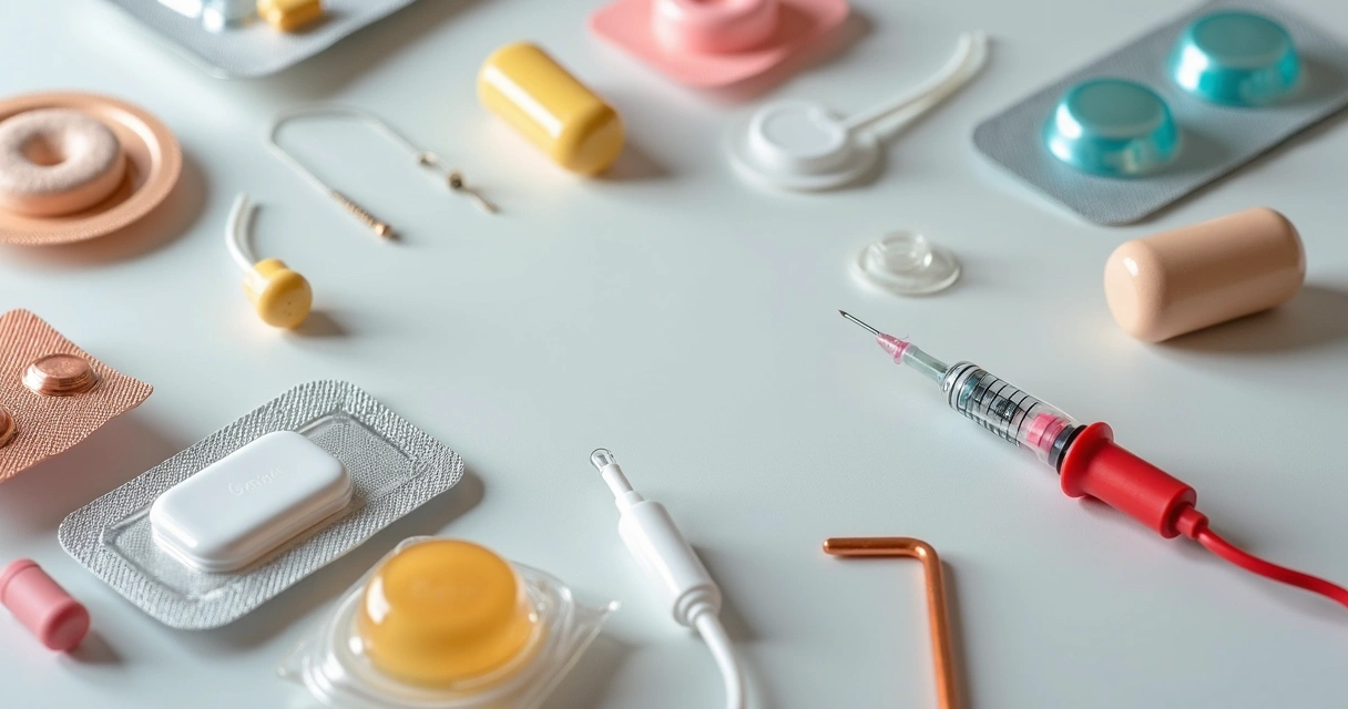 Diversos tipos de métodos contraceptivos agrupados sobre uma mesa 