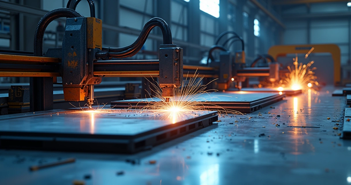 Máquinas modernas de corte de chapas metálicas com tecnologias laser, plasma e jato de água em ambiente industrial iluminado 