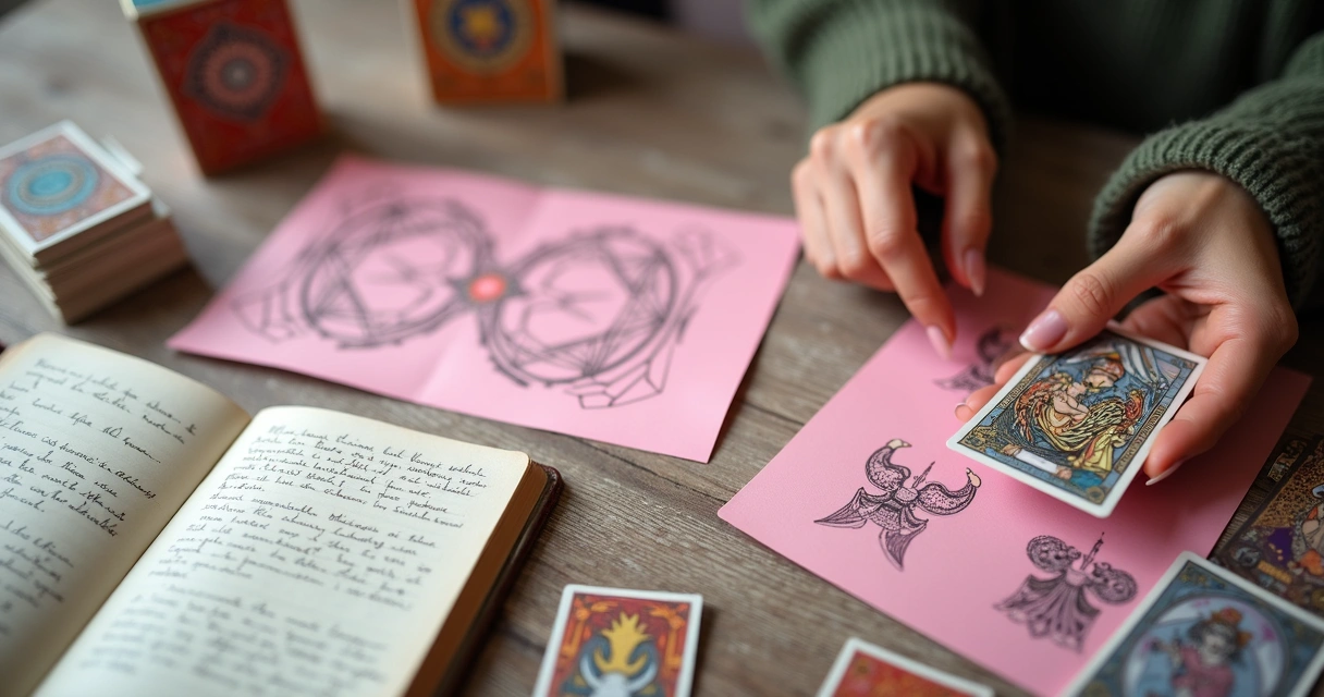 Vários métodos de tiragem de tarot apresentados em ambiente feminino 