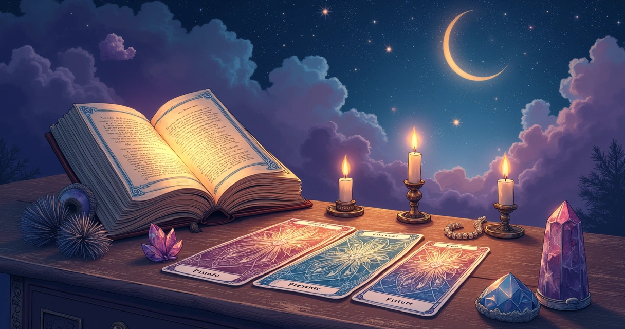Spread of tarot cards labeled passado, presente, futuro, with Celtic Cross layout, candles, and mystical background.