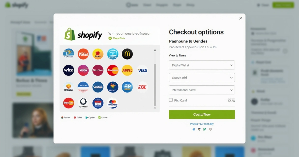Interface de checkout exibindo múltiplos métodos de pagamento em loja Shopify 