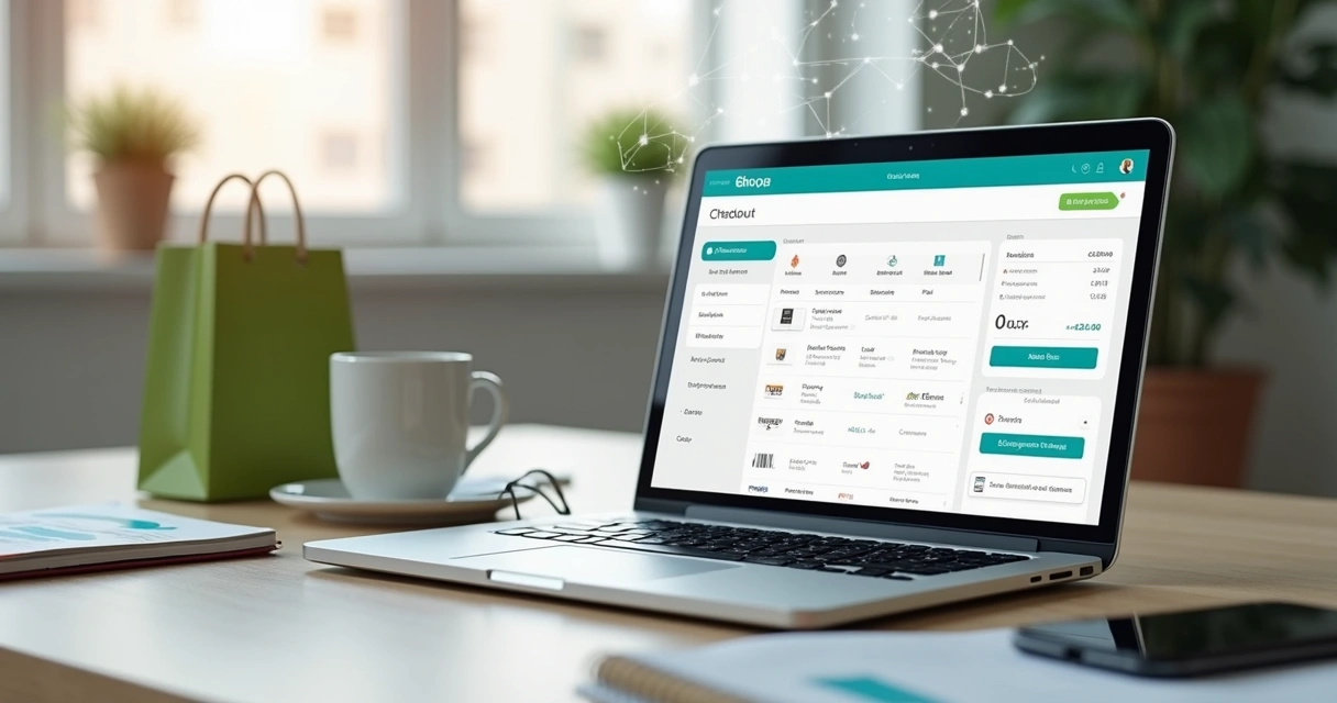 Tela de checkout em notebook mostrando vários métodos de pagamento em loja virtual 