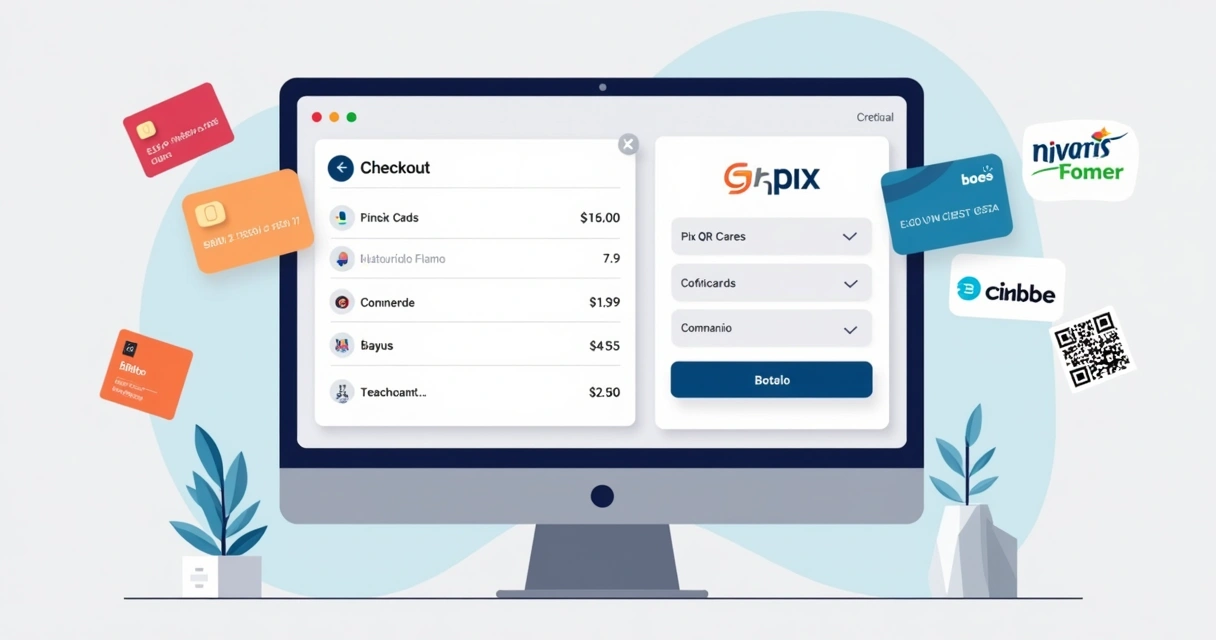 Vários métodos de pagamento como cartões, Pix, boleto e carteiras digitais em uma só tela de loja virtual 