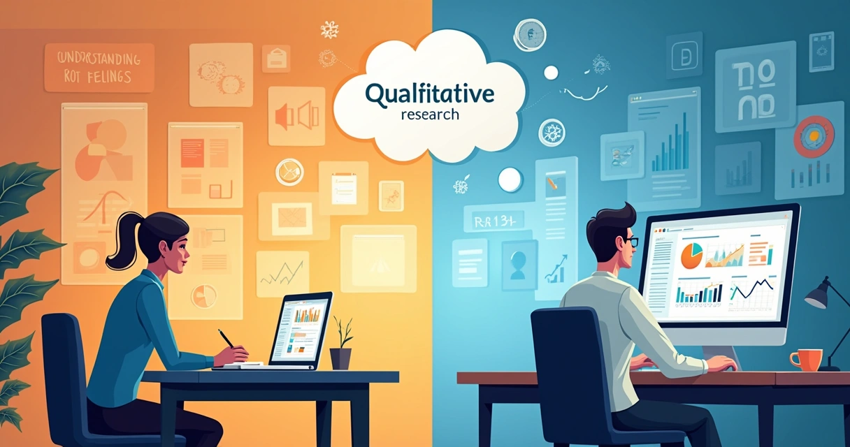 Ilustração de métodos qualitativos e quantitativos de pesquisa, mostrando entrevista e análise de dados.