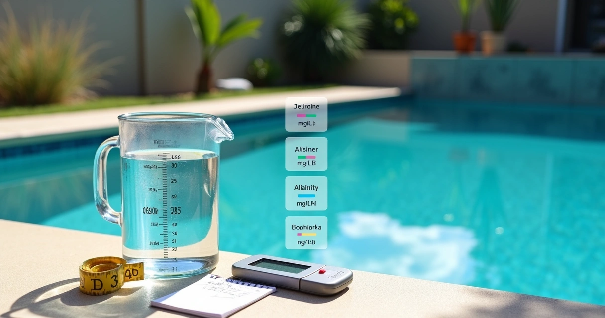 Floating metric measuring jug and test kit above a clear blue backyard pool 