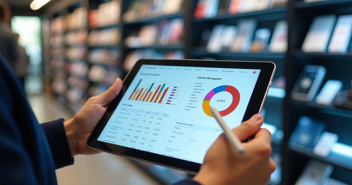 Relatórios de vendas e gráficos de desempenho exibidos em tablet na mão de gerente de loja de celular