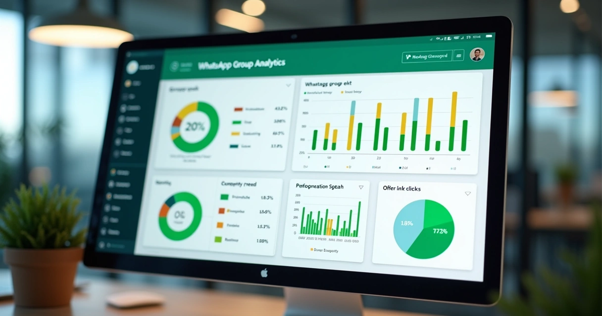 Tela de painel com gráficos de engajamento em grupos de WhatsApp, mostrando visualizações, cliques e participação em enquetes.