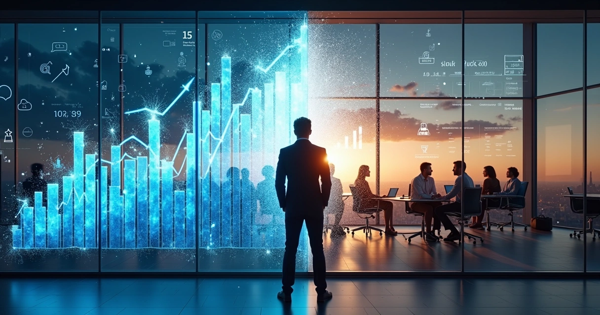 Ejecutivo frente a tablero de métricas financieras que se quiebra revelando personas y relaciones detrás 