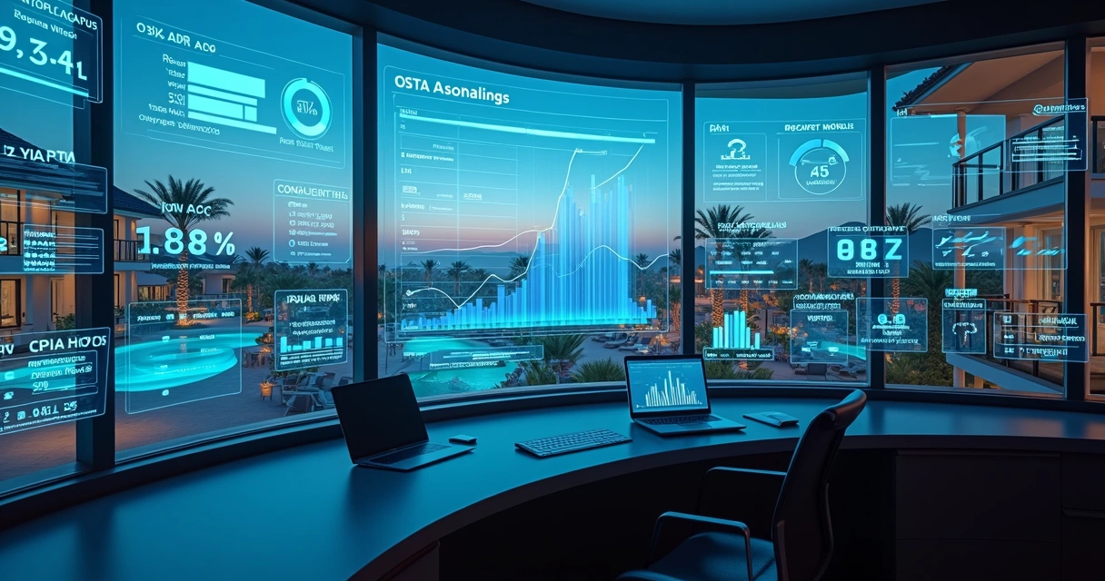 Painel digital com métricas variadas de hotel destacando dados além da taxa de ocupação 