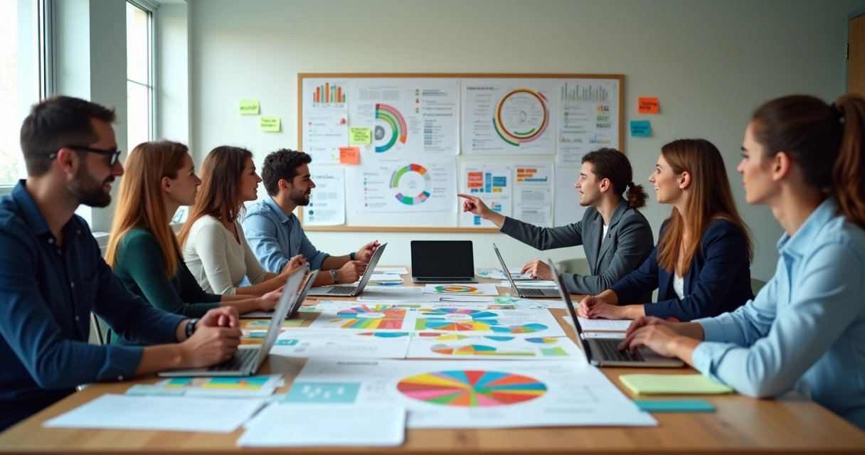 Reunião de grupo multiprofissional analisando gráficos humanizados