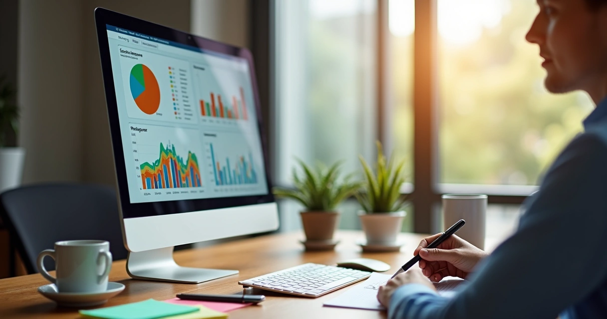 Tela de computador mostrando gráficos de métricas sociais 