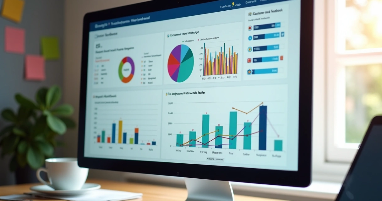 Dashboard exibindo gráficos de métricas de satisfação do cliente, NPS e feedbacks organizados