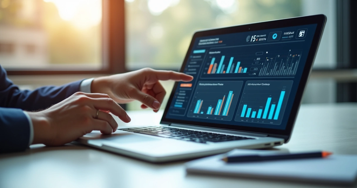 Gráficos de métricas de anúncios digitais em laptop 
