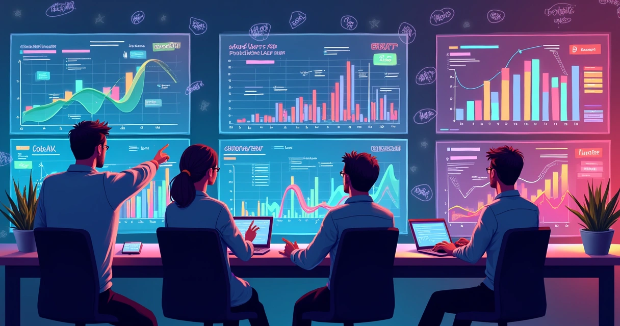 Gráfico colorido de métricas e analistas revisando dados em telas digitais 