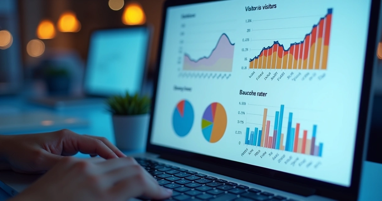 Gráficos de métricas e análises de website em tela de notebook 