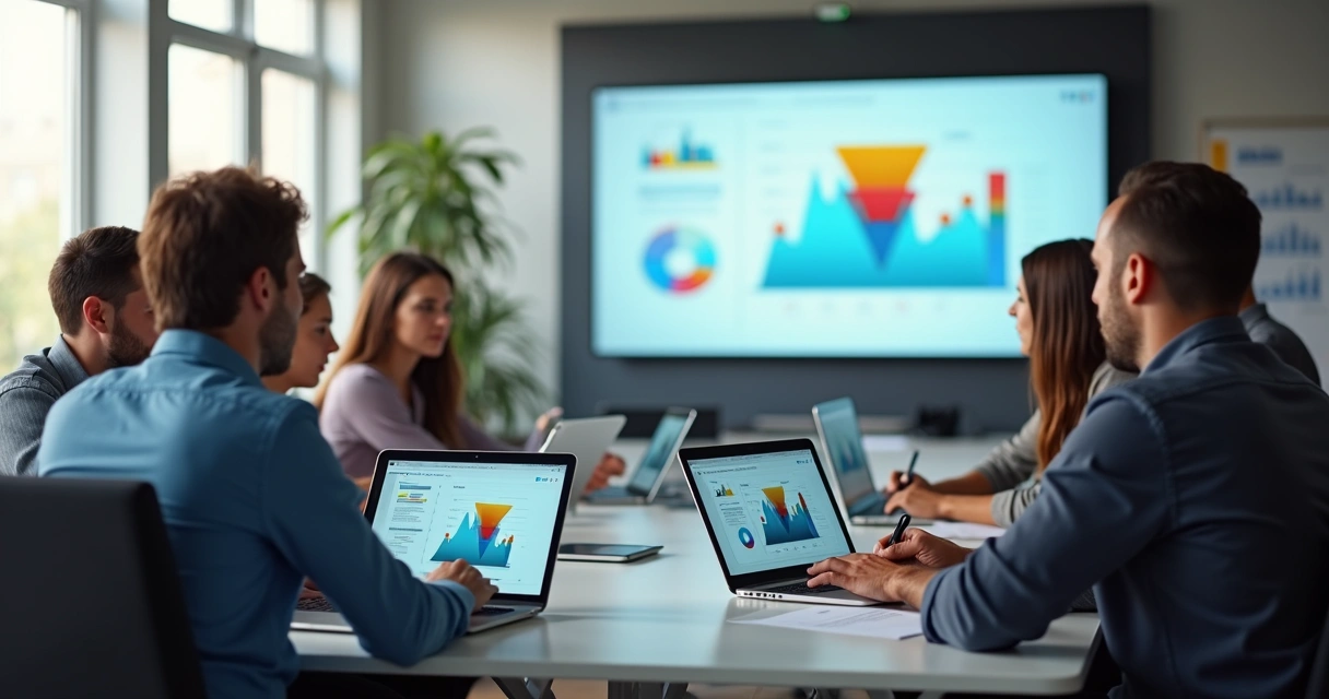 Equipe de marketing analisando métricas digitais em sala 