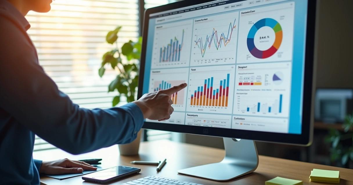 Painel de métricas digitais em tela de computador. 