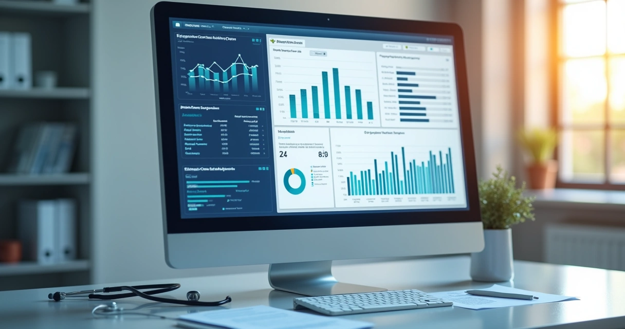 Tela de computador mostrando gráficos de métricas digitais na área da saúde 