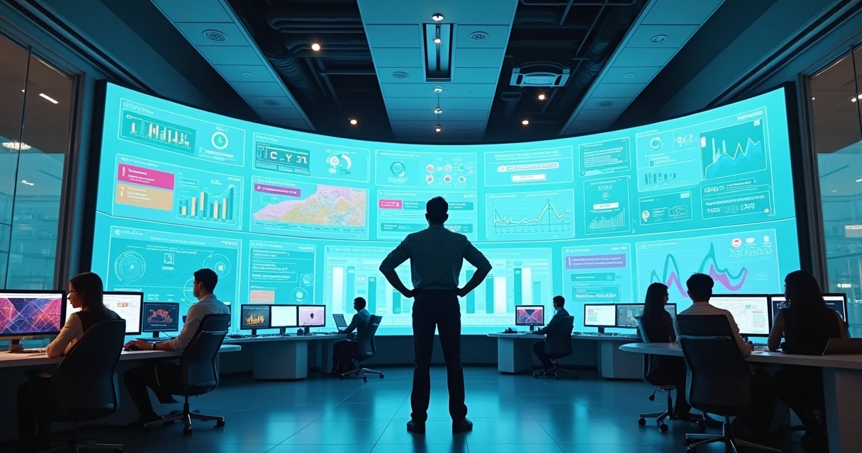 Gestor observando sala de controle digital com métricas de atendimento ao cliente 