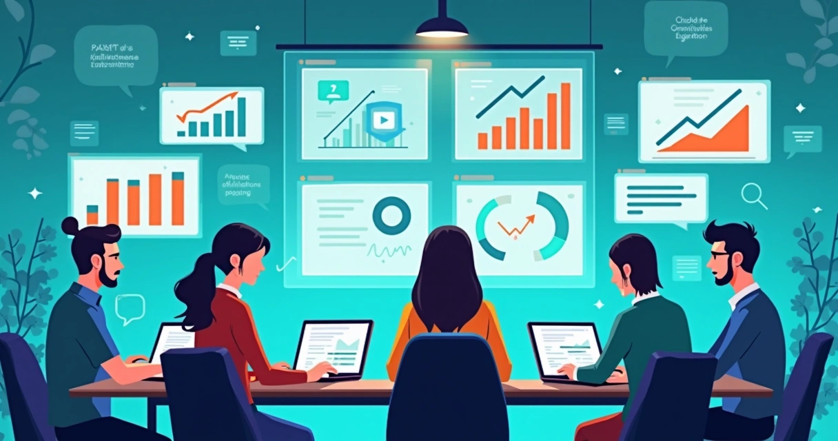 Ilustração corporativa plana mostrando equipe analisando métricas de atendimento digital em telas com gráficos e indicadores 