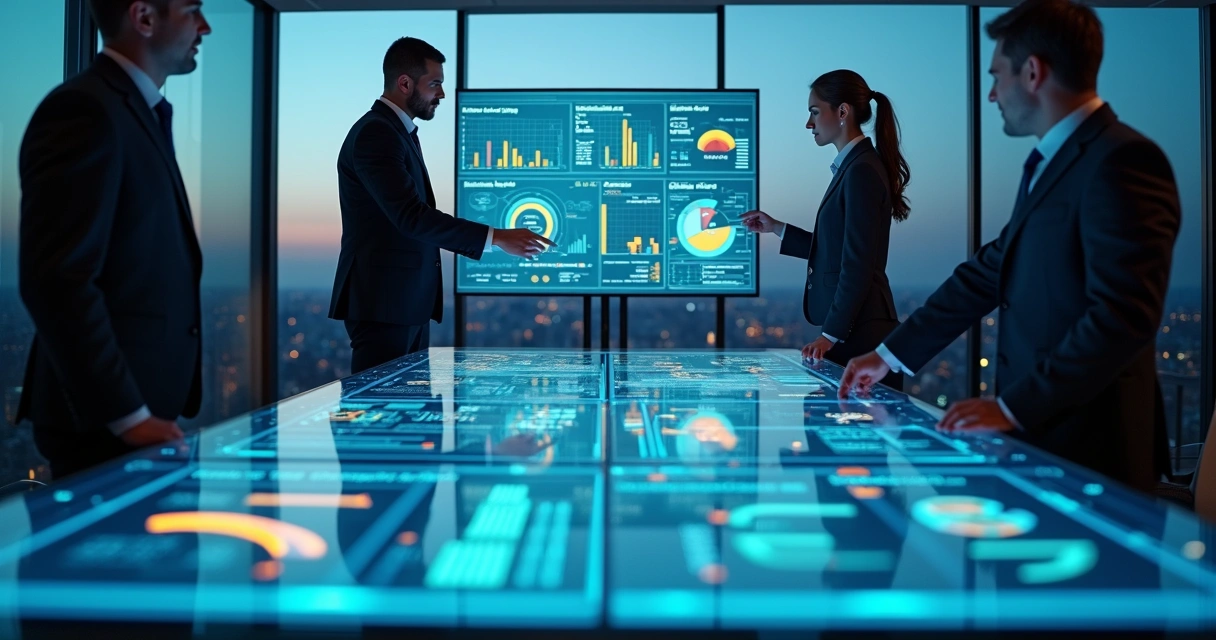 Equipe de líderes analisa painel digital com métricas de automação 