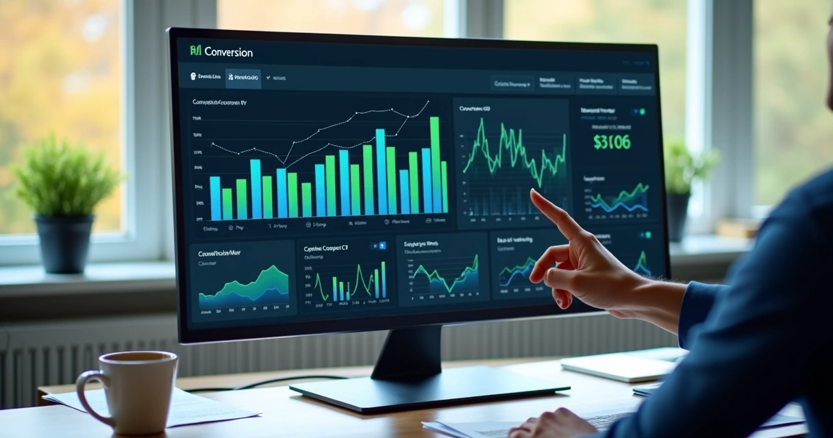 Dashboard digital com gráficos de conversão e indicadores financeiros 