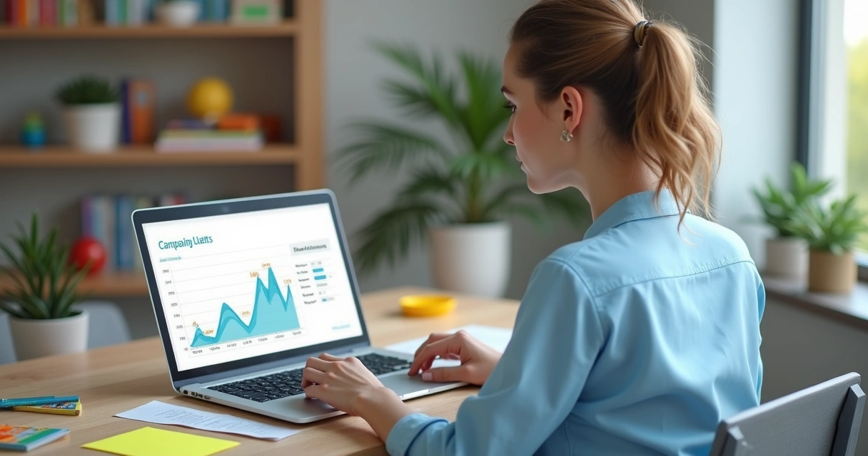 Gestora analisando métricas de campanha digital em notebook com gráficos de leads e conversão