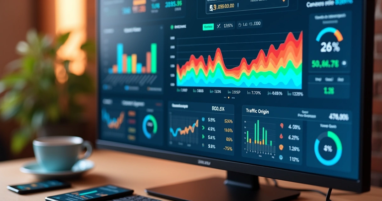 Painel de métricas de campanha de leads em monitor de computador