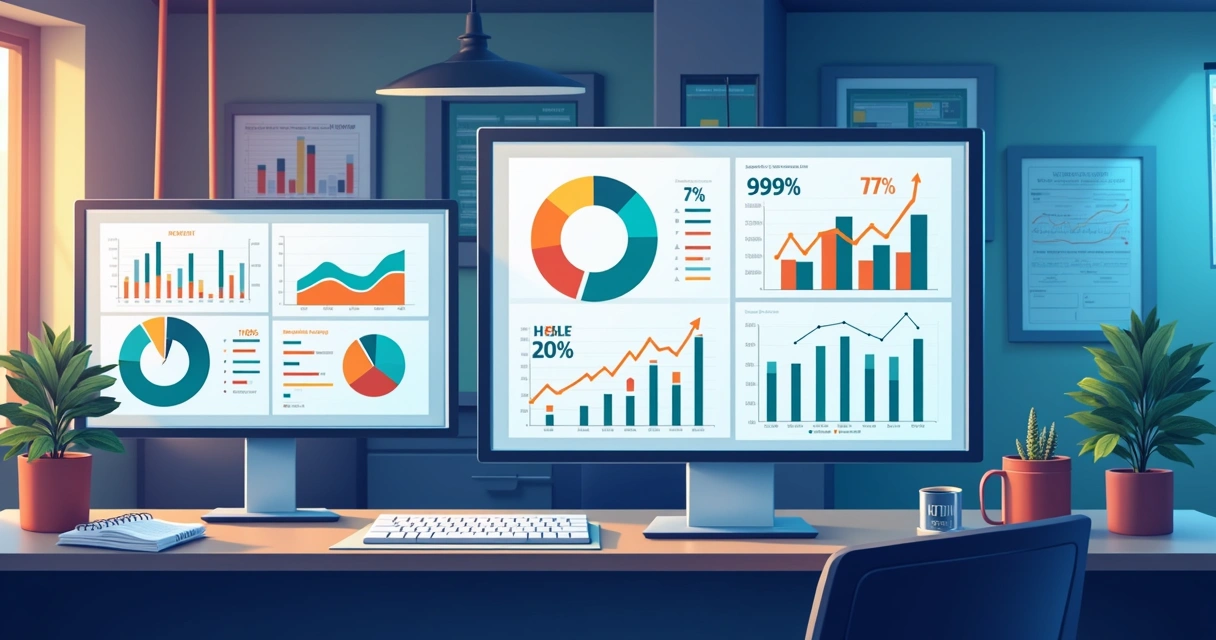 Dashboards com números, gráficos e indicadores de performance de parceiros B2B. 