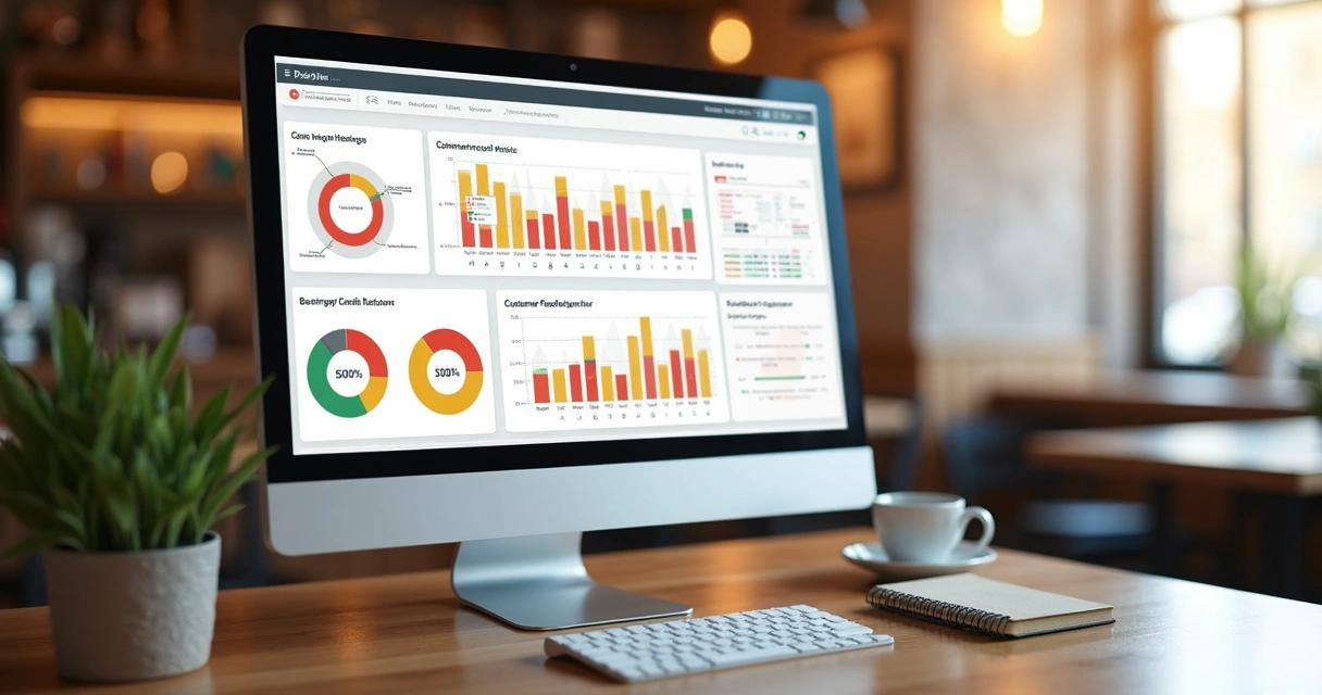 Dashboard com métricas de vendas de cardápio digital em tela de computador 
