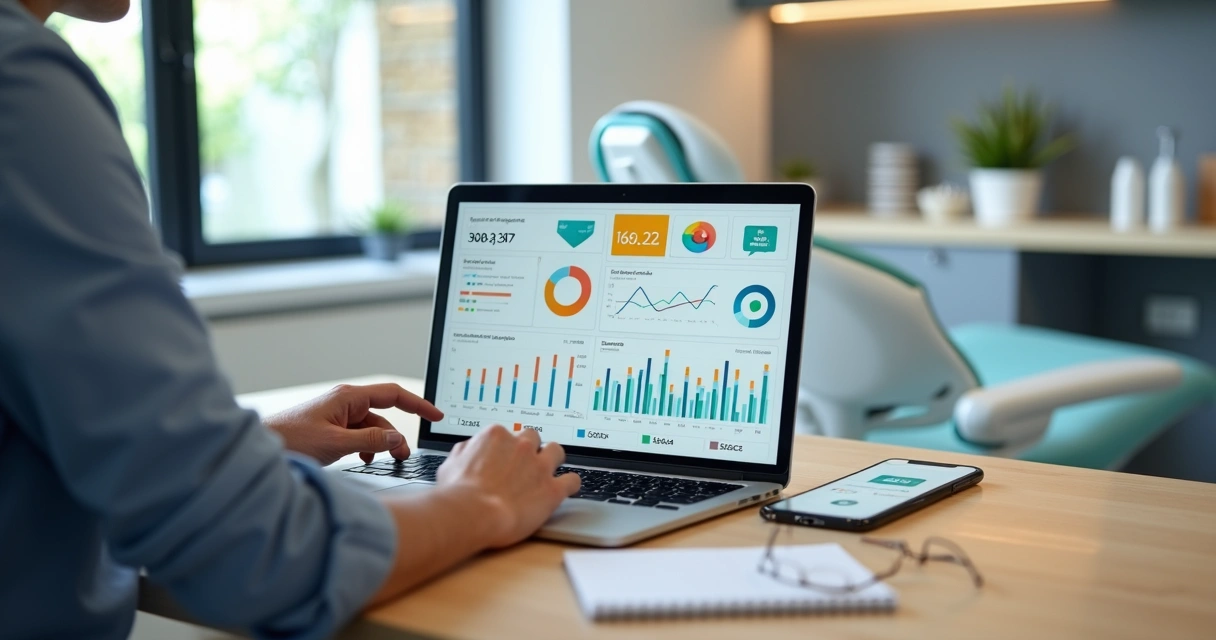 Gestor de clínica odontológica analisando painel de métricas no notebook 