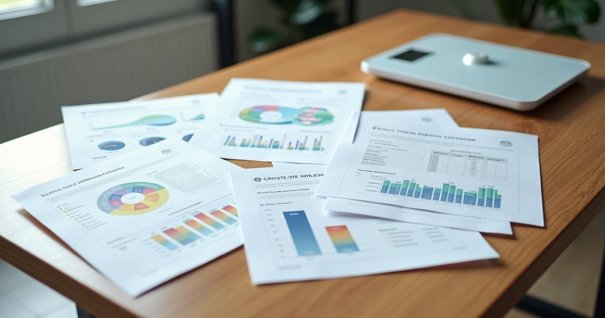 Mesa de consultório com vários relatórios clínicos e balança de lado 