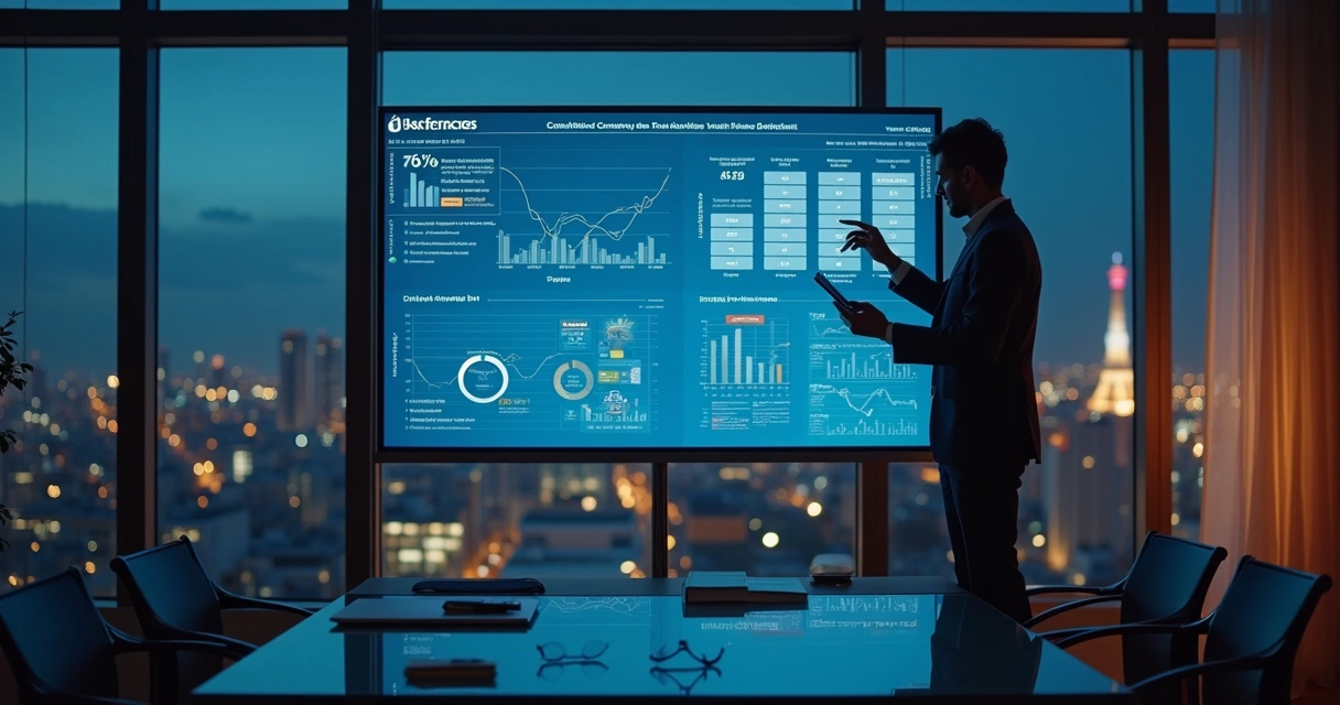 Gestora analisando painel digital com métricas comerciais do BPO financeiro 