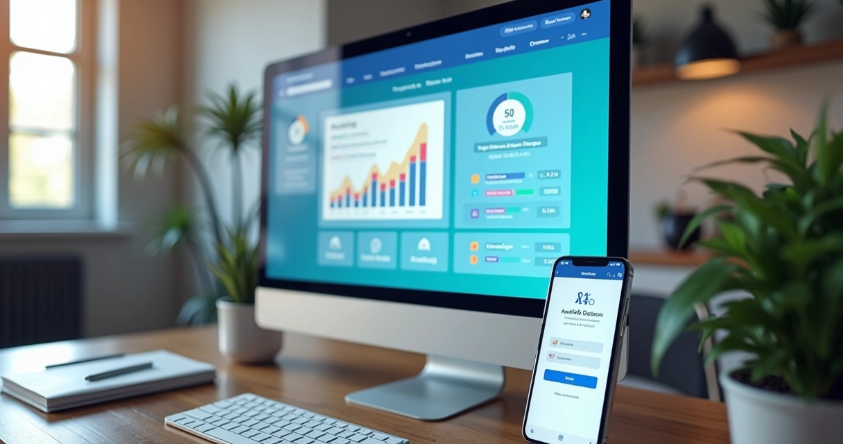 Painel de métricas de conversão ao lado de celular com landing page 