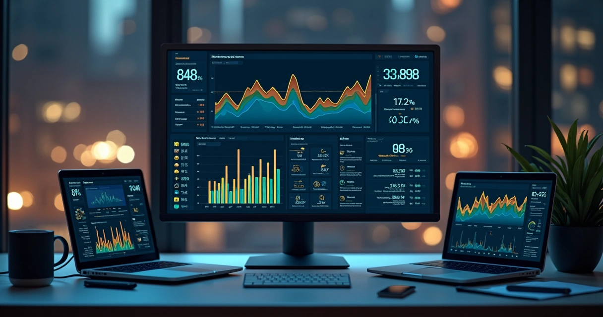 Dashboard de métricas de conversão de e-commerce em tela grande com gráficos e taxas de conversão em destaque 