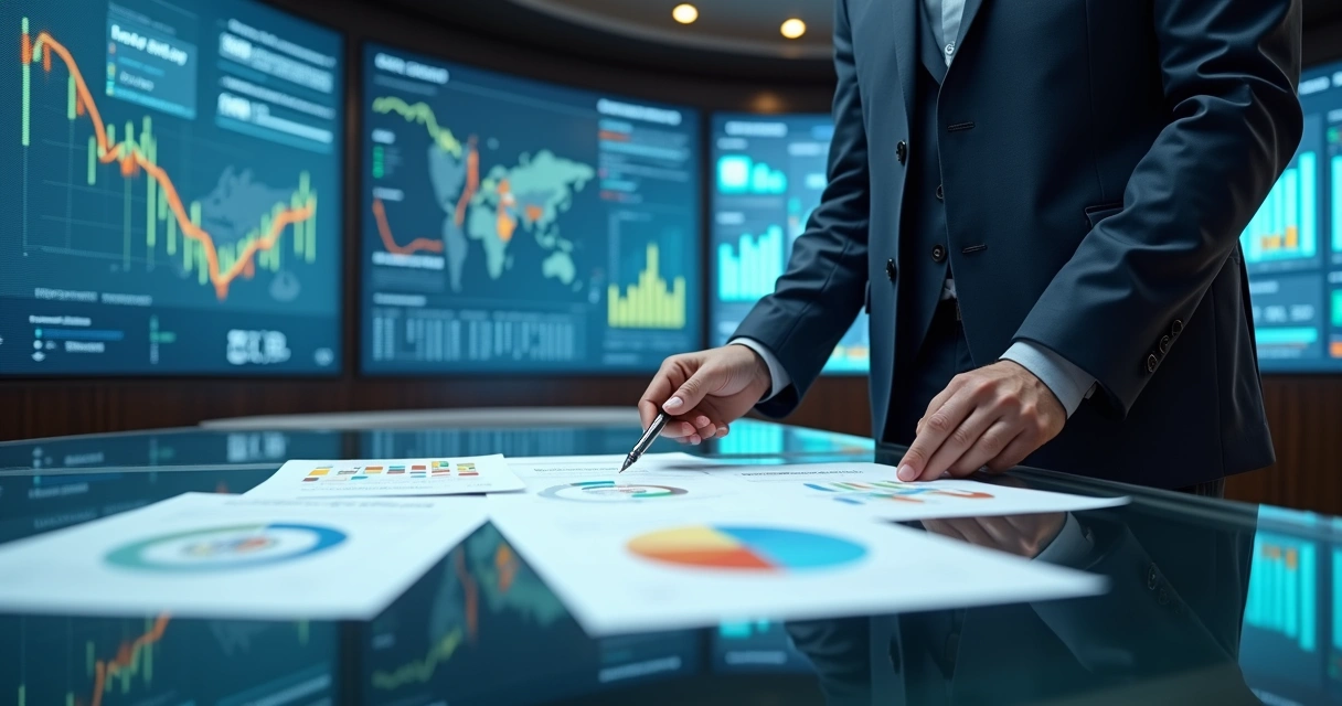 Corretor analisa painéis de métricas imobiliárias em tempo real em sala de operações moderna 