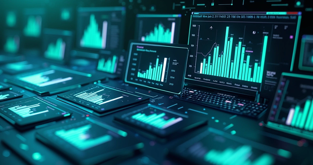Painel digital mostrando gráficos e indicadores de desempenho de vídeo 