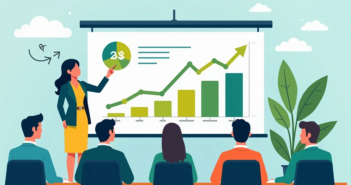 Gráficos de métricas de crescimento em um slide de apresentação de startup. 