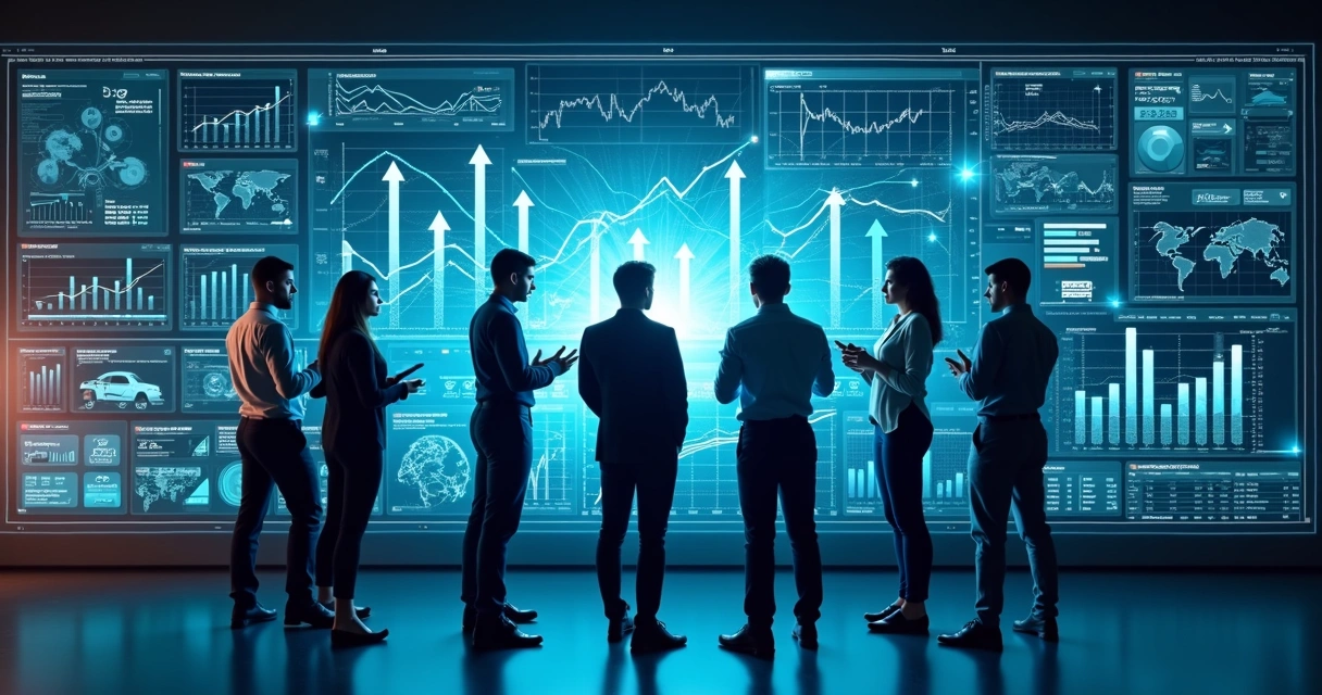 Dashboard digital mostra métricas de vendas e equipe analisa em ambiente moderno 