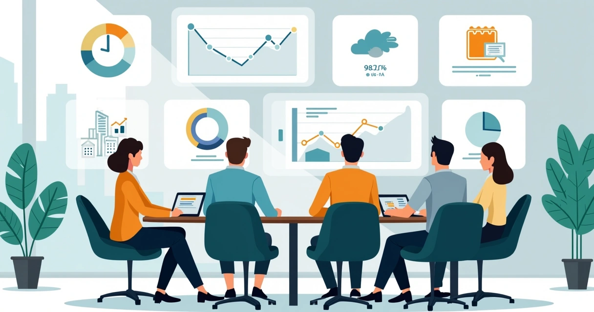 Equipe imobiliária analisando métricas de CRM em mesa de reunião com painel de indicadores ao fundo 