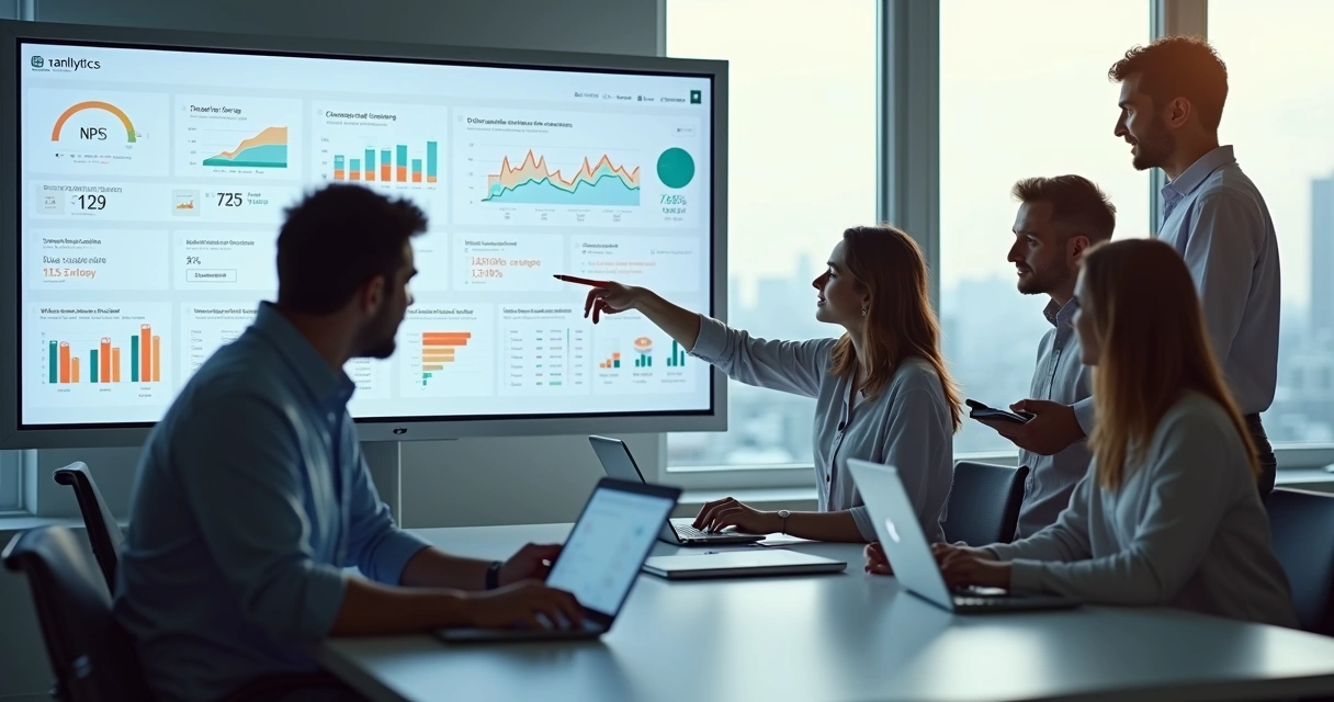 Equipe de CS analisando painel de métricas em software SaaS B2B 