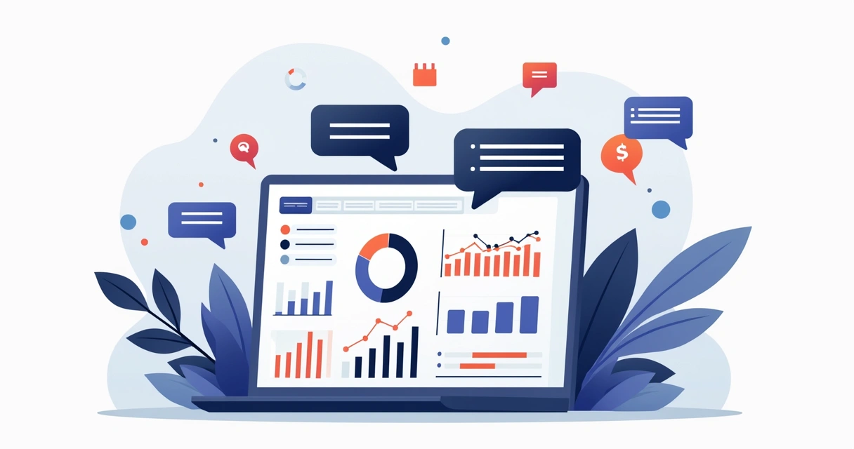 Ilustração corporativa flat mostrando análise de métricas do dark social com gráficos, conversas em balões e ícones de redes sociais em tons azuis e cinzas 