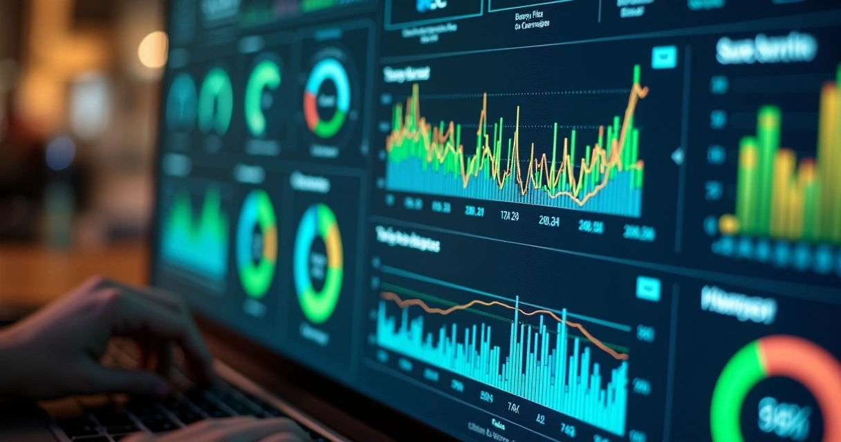 Dashboard com métricas do funil de vendas em gráficos coloridos