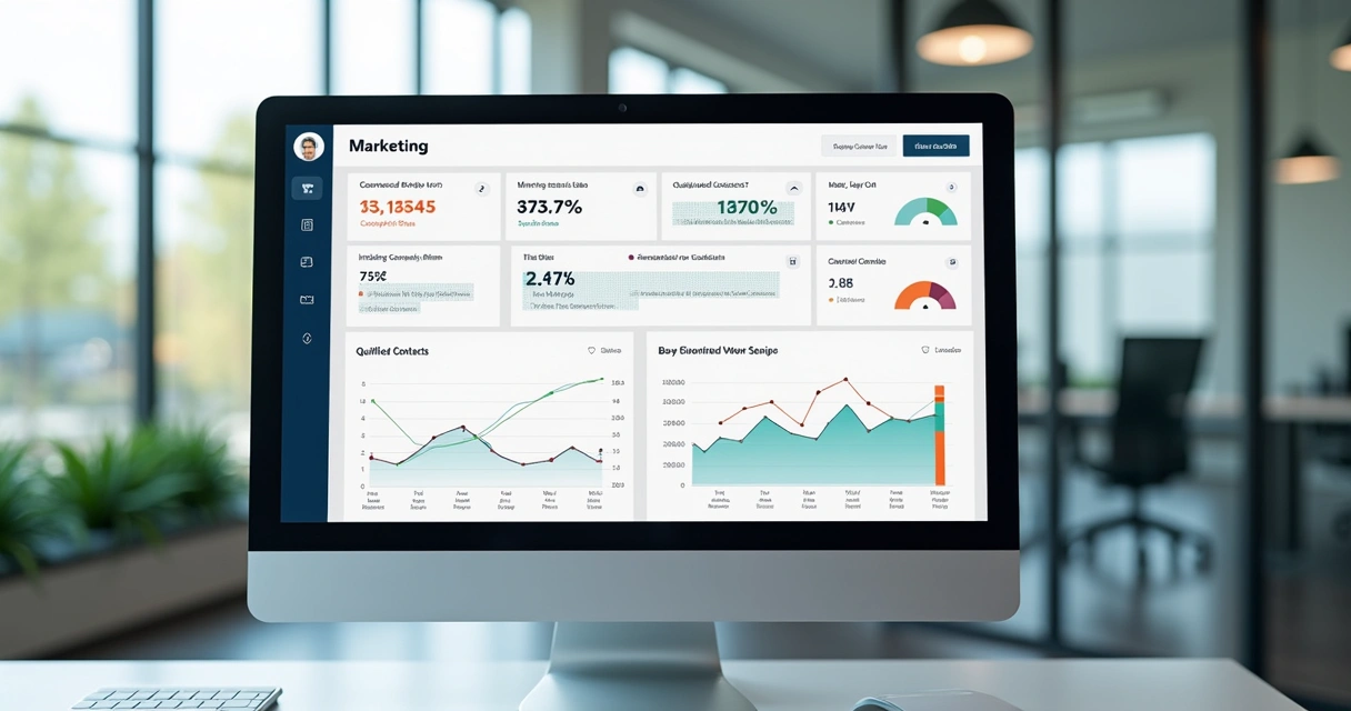 Dashboard digital exibindo métricas de conversão e ROI de marketing no monitor