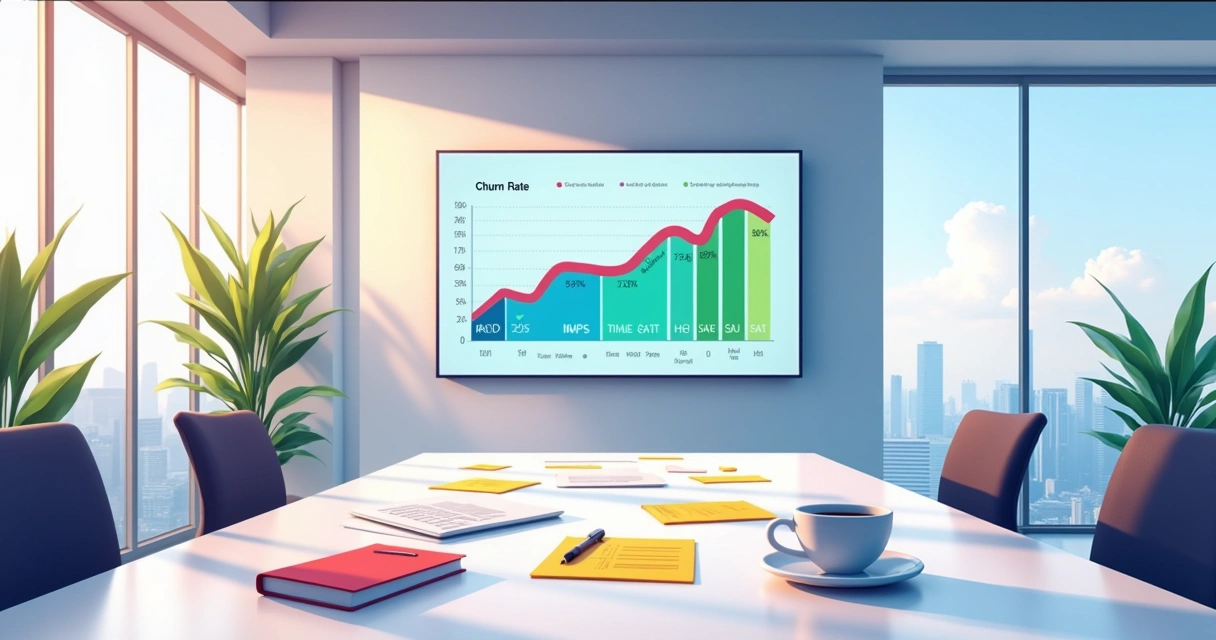 A modern office scene with a digital screen displaying key performance metrics and a table with a notebook, pen, and coffee.