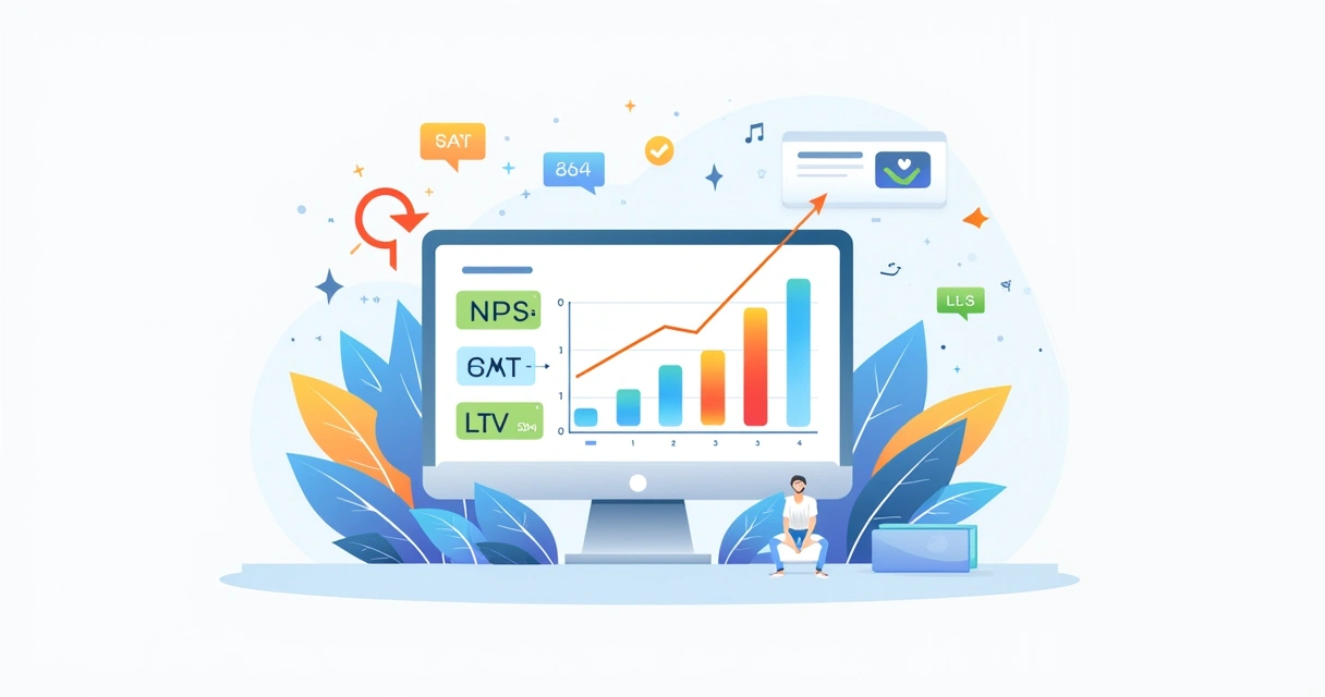 Infográfico colorido sobre métricas de desempenho para customer centricity, como NPS e CSAT, com ícones relacionados.