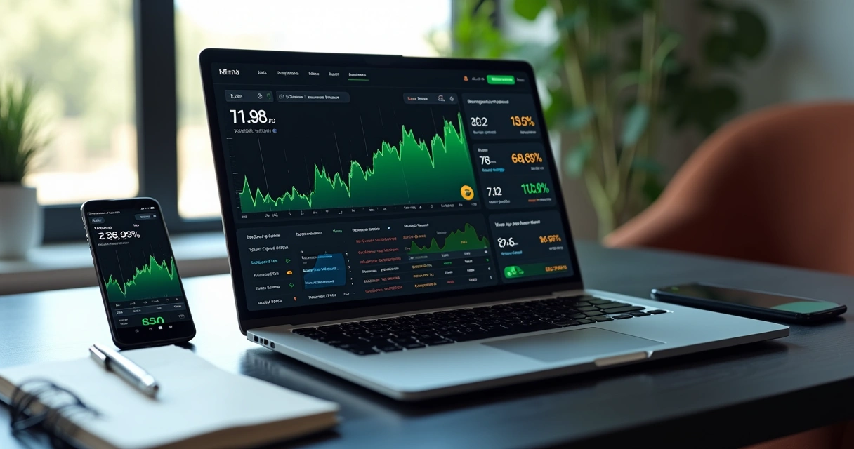 Dashboard com métricas de desempenho em polymarkets na tela de um notebook 